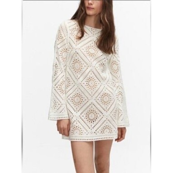 Joie Dresses & Skirts - Joie White Crochet Diamond Lace Long Sleeve Mini Dress Keyhole Back Size Medium